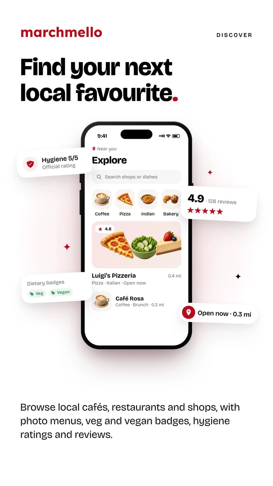 “Find your next local favourite.” — the Explore screen with categories and nearby shops, beside a hygiene rating, a 4.9-star review score and veg and vegan badges.