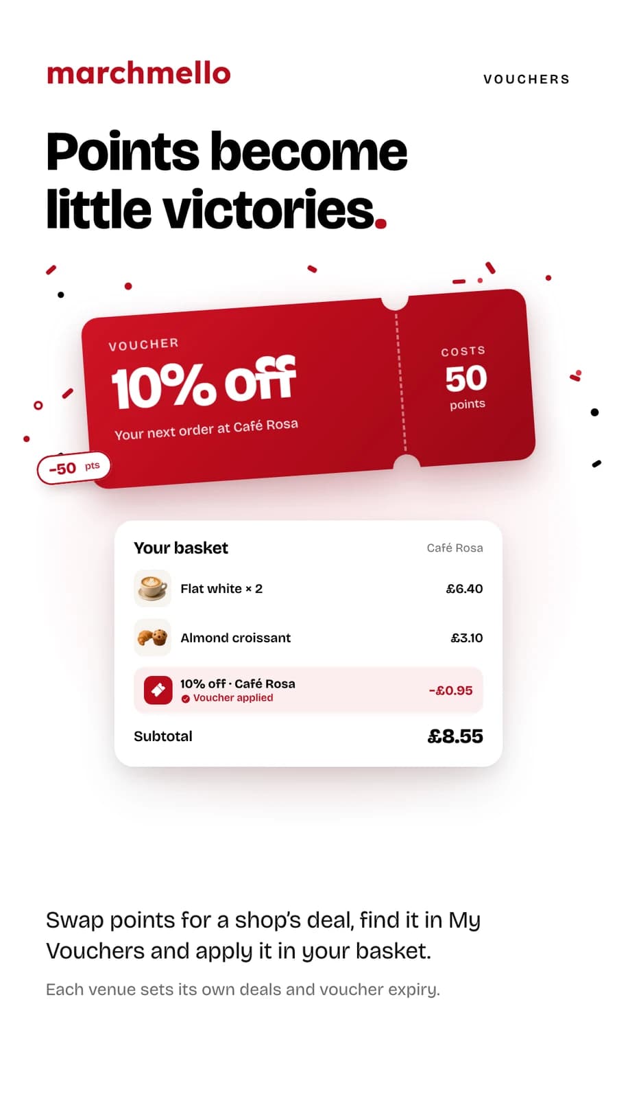 “Points become little victories.” — a 10% off voucher that costs 50 points, applied in the basket at checkout.