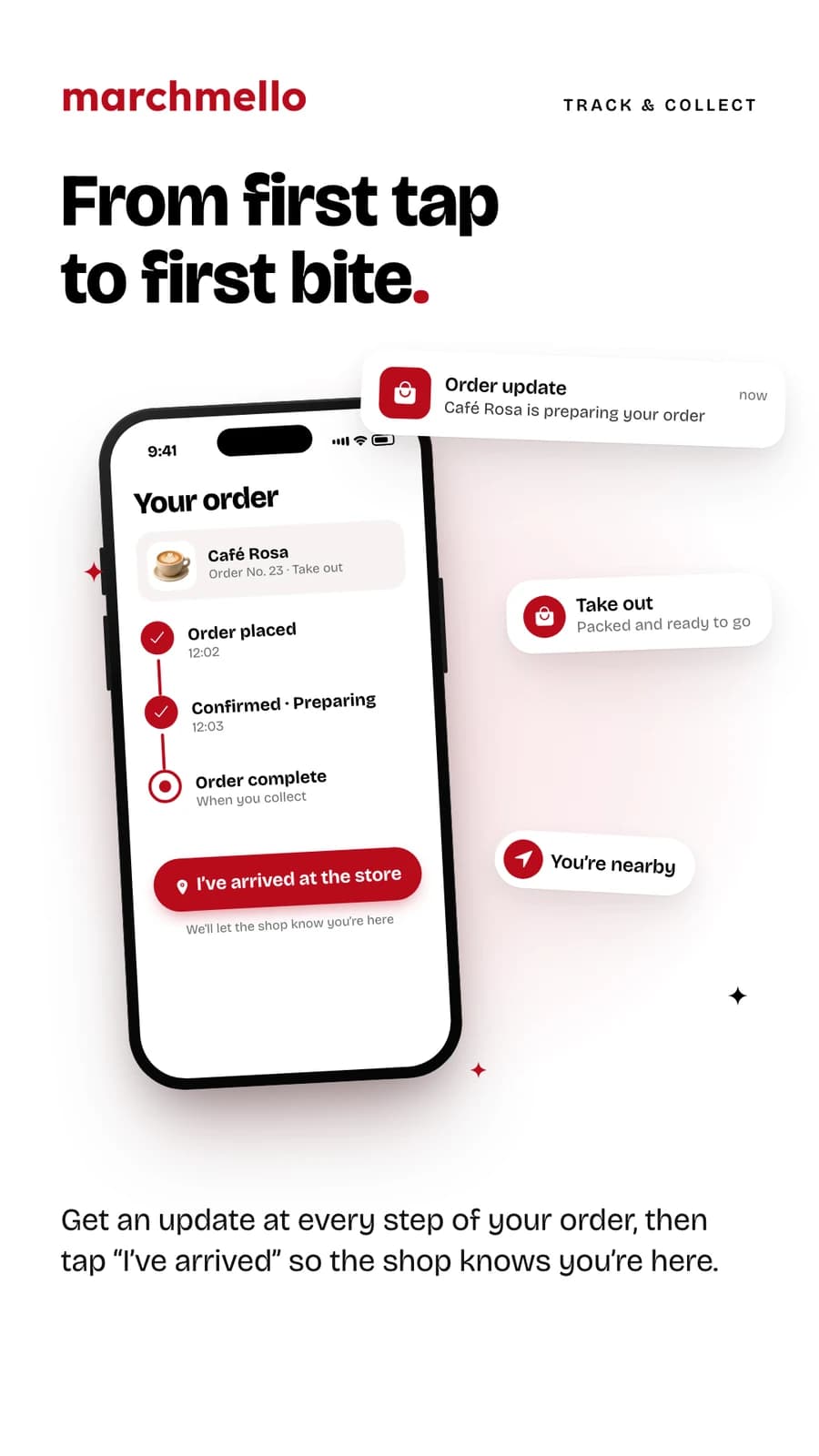 “From first tap to first bite.” — an order moving from placed to preparing, with an “I've arrived at the store” button.